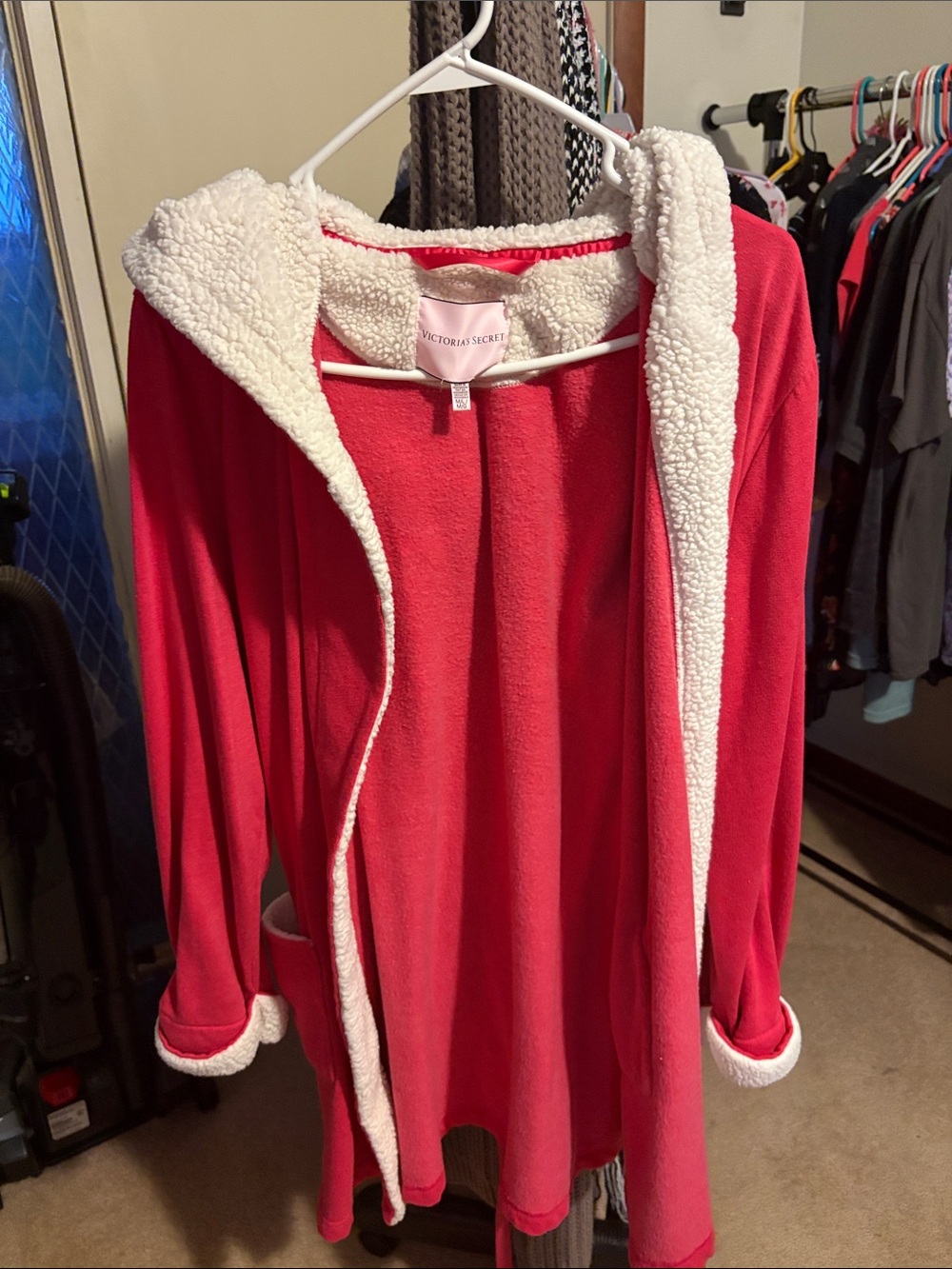 Victoria's Secret Red Hooded Teddy Jacket with White Sherpa Trim